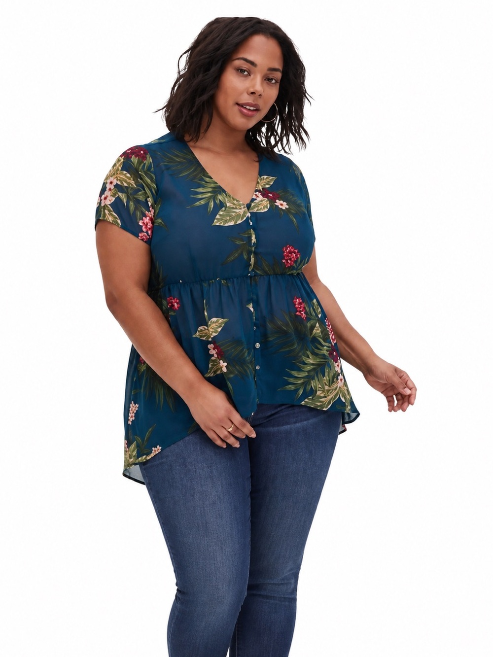 torrid Teal Tropical Floral Button-Front Peplum Top